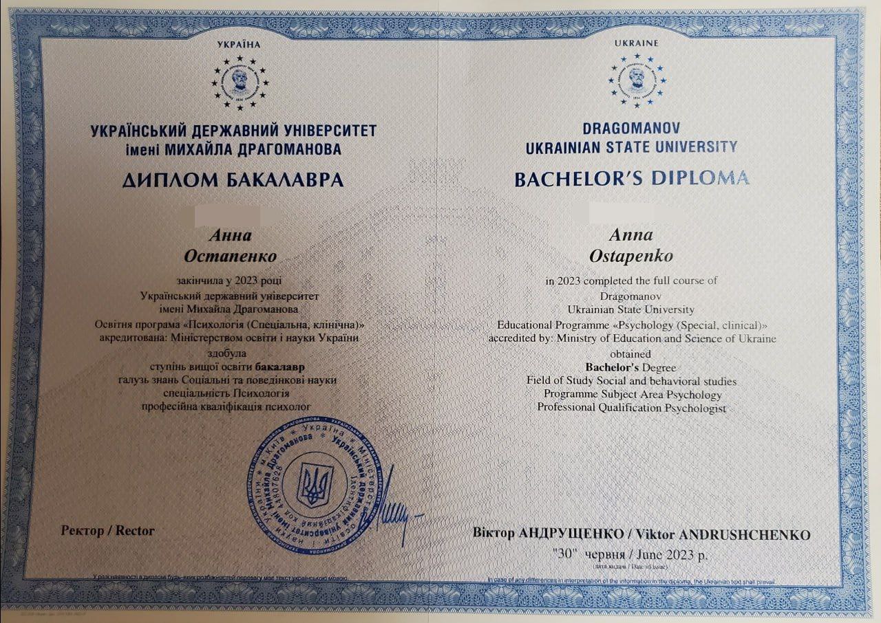 Диплом бакалавра «Психологія»